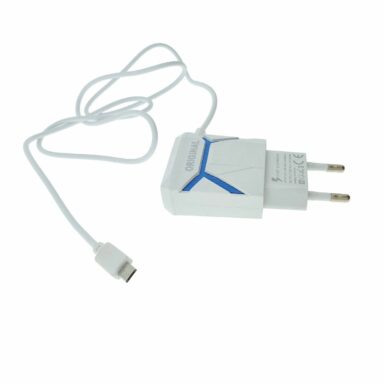 Incarcator la priza Euro, 2 porturi USB, DC 5V 3.1A, si cablu 85 cm cu conector microUSB, alb cu albastru