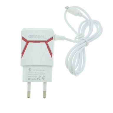 Incarcator la priza Euro, 2 porturi USB, DC 5V 3.1A, si cablu 85 cm cu conector microUSB, alb cu rosu