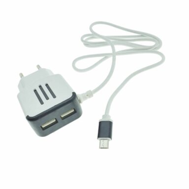 Incarcator la priza Euro, 2 porturi USB, DC 5V 3.1A, LED, cablu 85 cm cu conector microUSB, alb cu negru