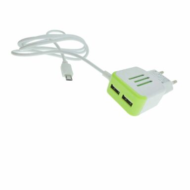 Incarcator la priza Euro, 2 porturi USB, DC 5V 3.1A, LED, cablu 85 cm cu conector microUSB, alb cu verde