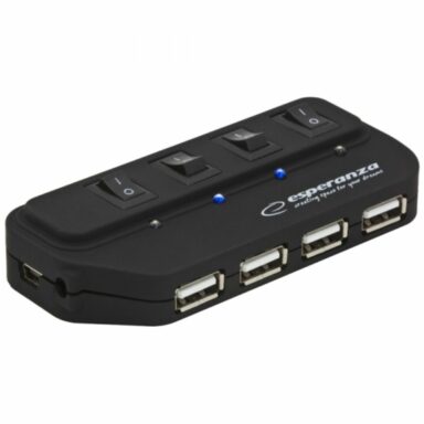 Hub USB 2.0 4 porturi cu comutatoare si alimentare, Esperanza 76993, indicator LED, negru